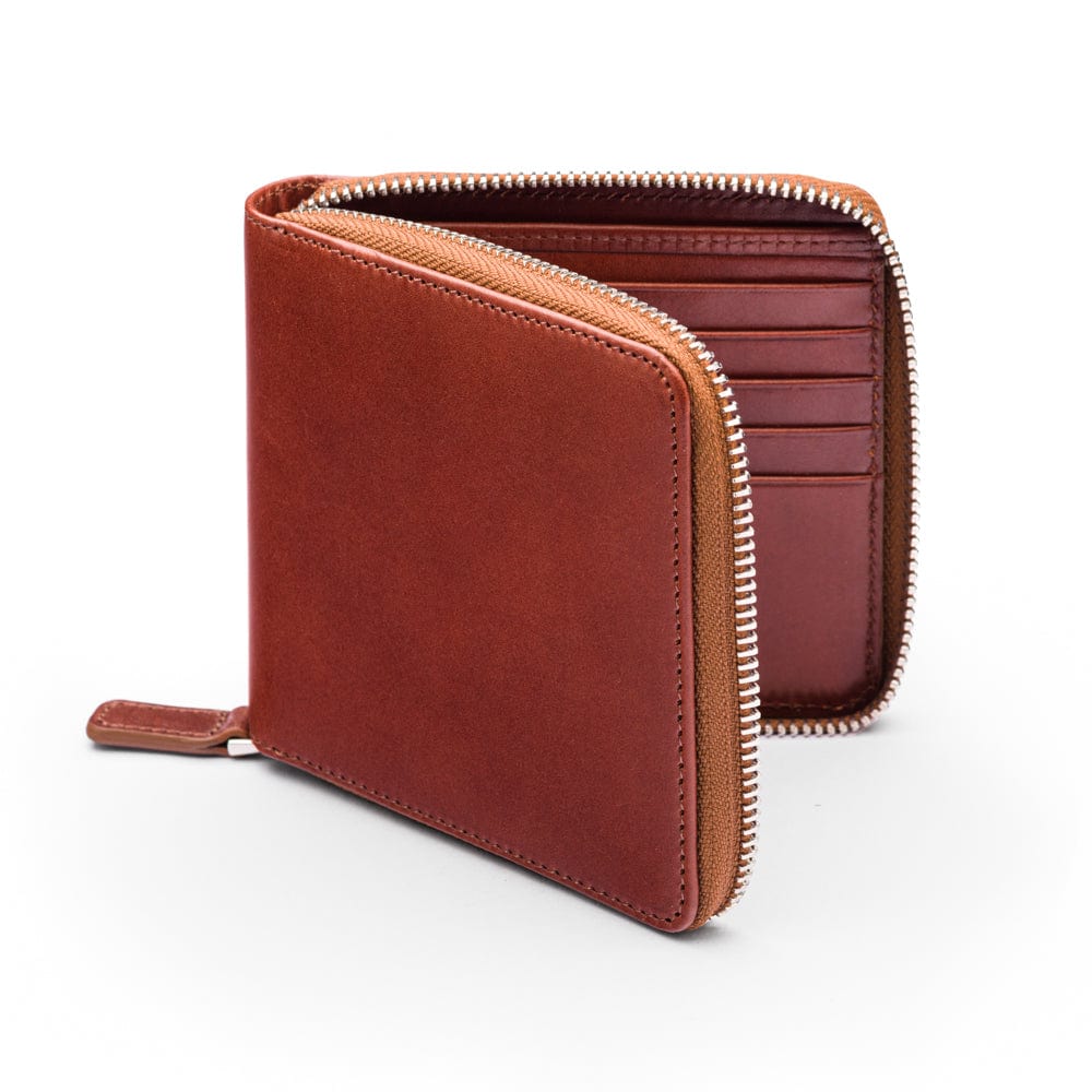 Men's leather wallet with zip around closure, dark tan, front