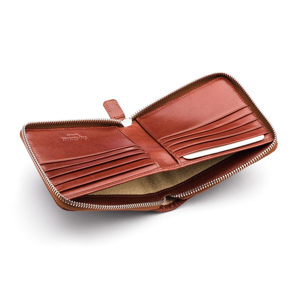 Men's leather wallet with zip around closure, dark tan, inside
