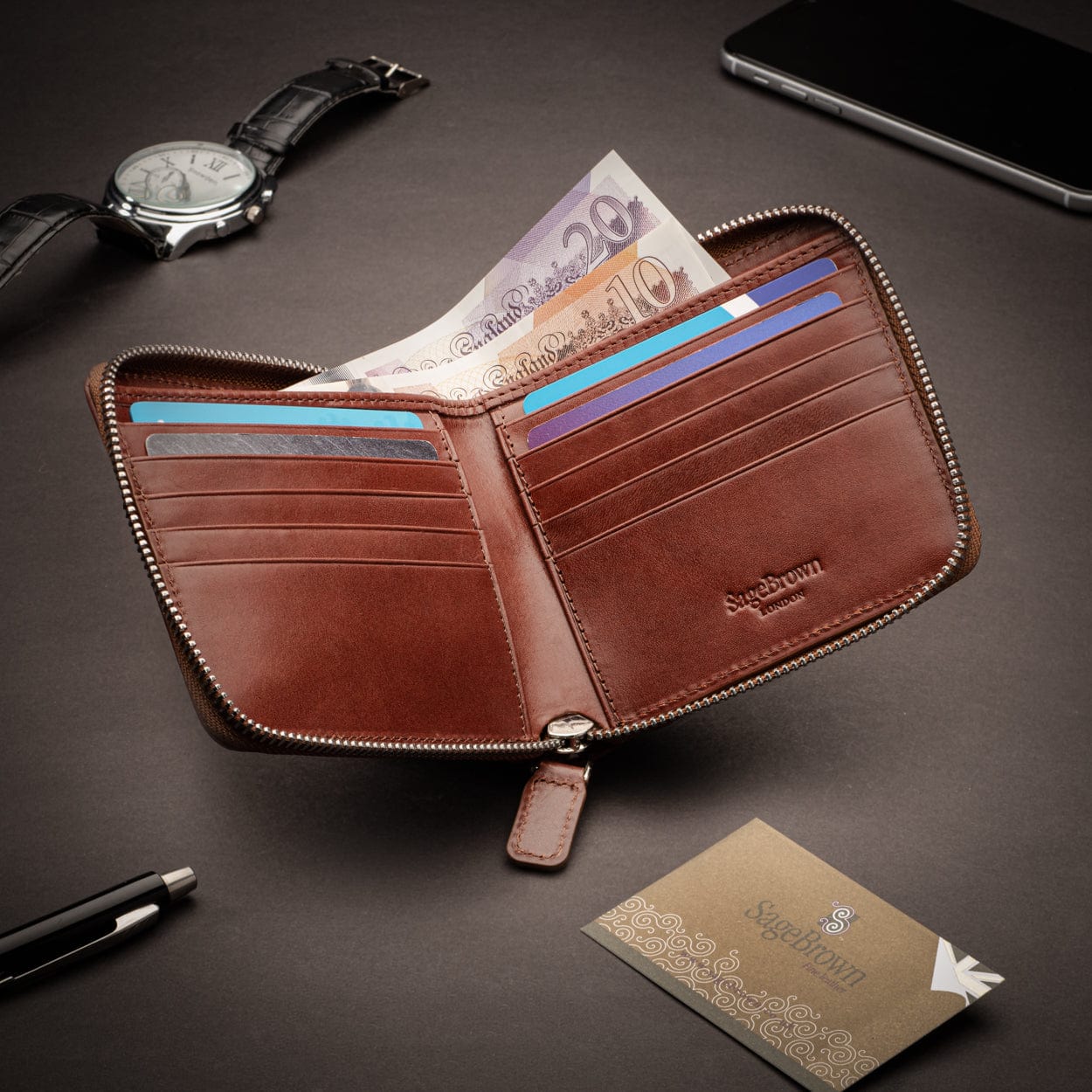 Men's leather wallet with zip around closure, dark tan, lifestyle