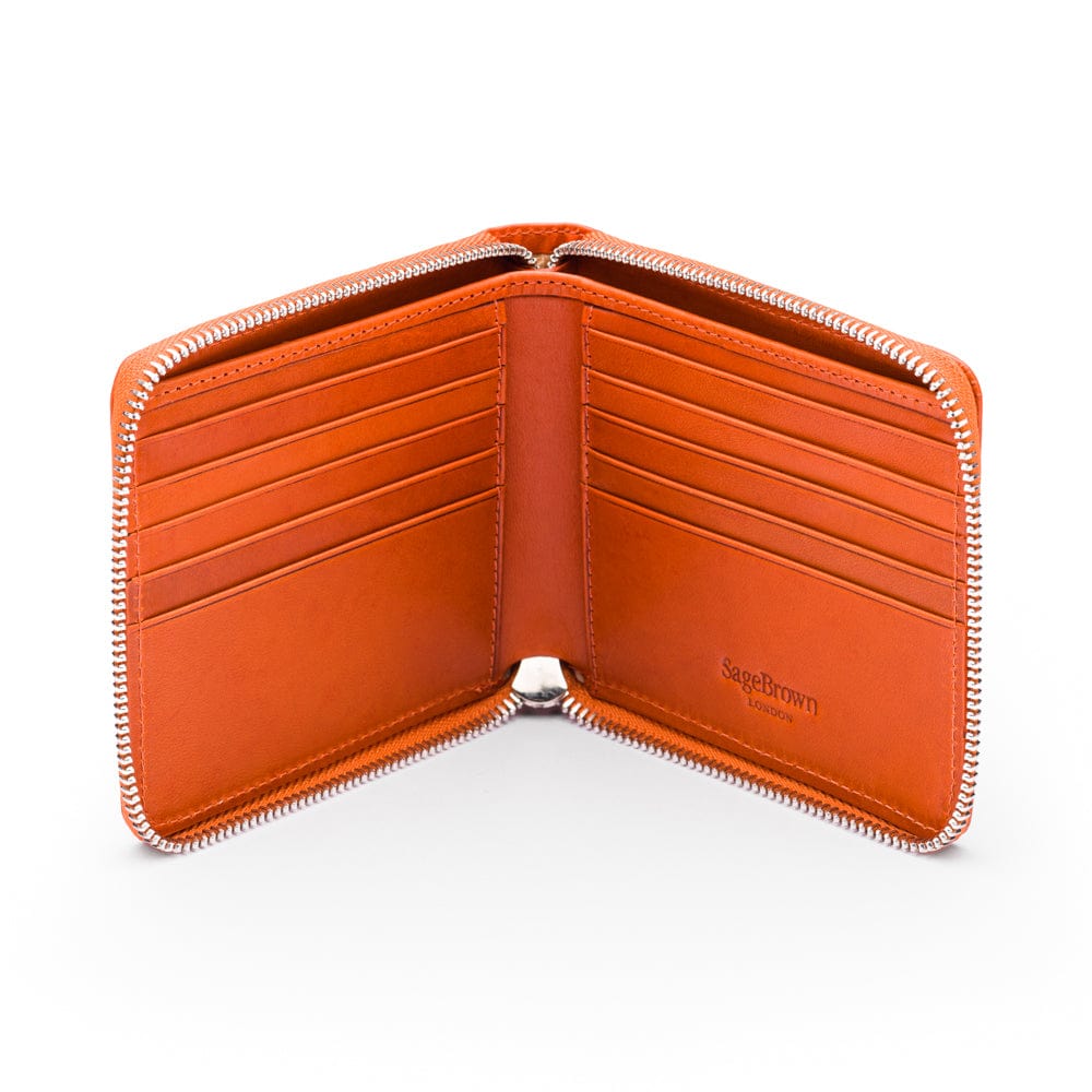Men's leather wallet with zip around closure, orange, open