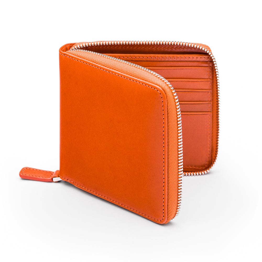 Men's leather wallet with zip around closure, orange, front
