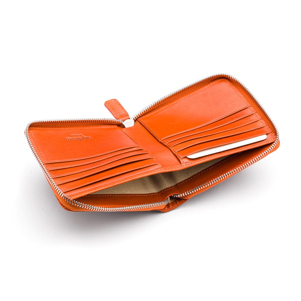 Men's leather wallet with zip around closure, orange, inside