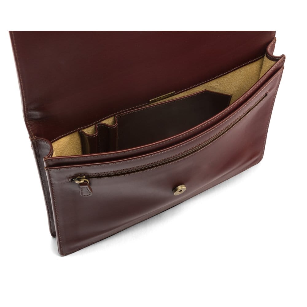 Small leather briefcase, dark tan, inside