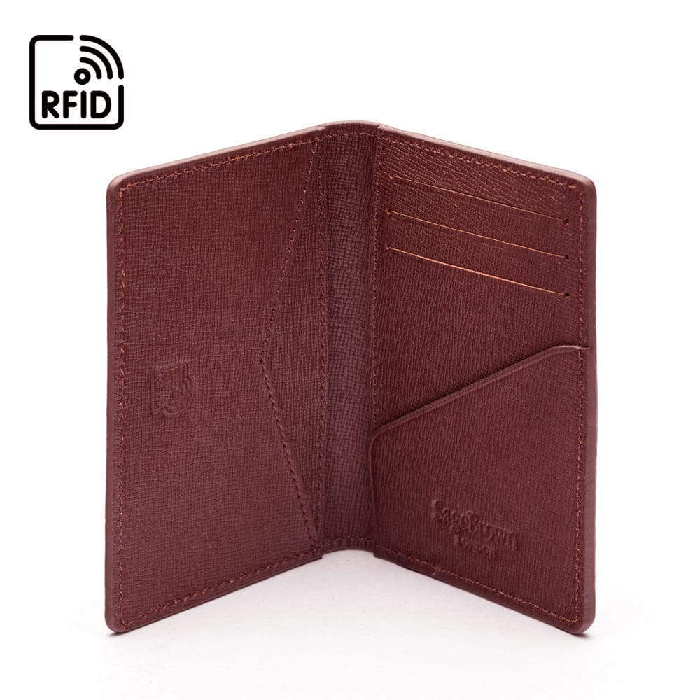 RFID bifold credit card holder, dark tan saffiano, inside view