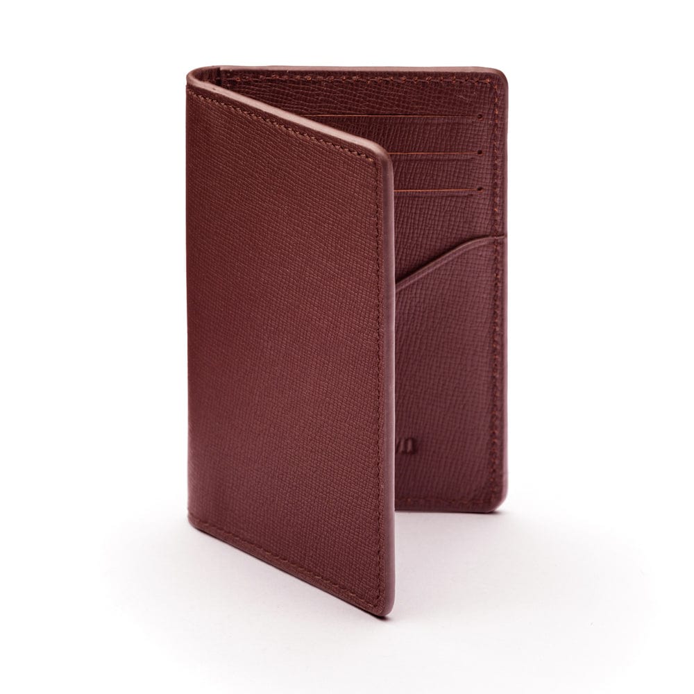RFID bifold credit card holder, dark tan saffiano, front view