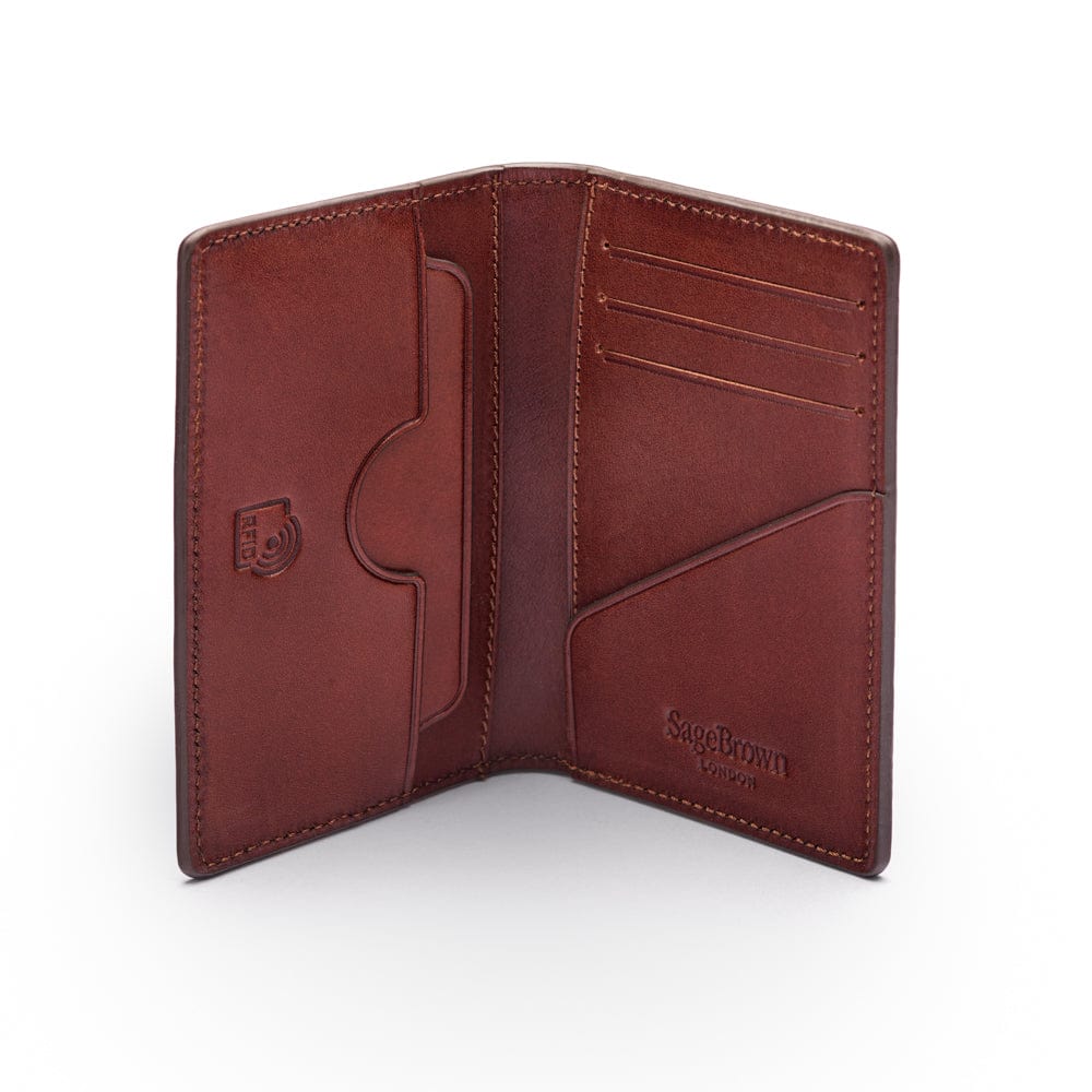 Leather card holder with RFID protection, dark tan, open