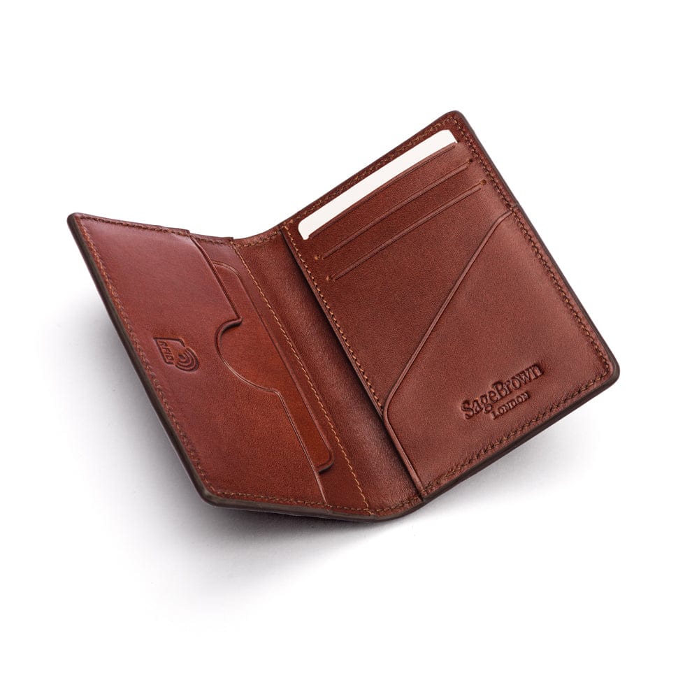 Leather card holder with RFID protection, dark tan, interior