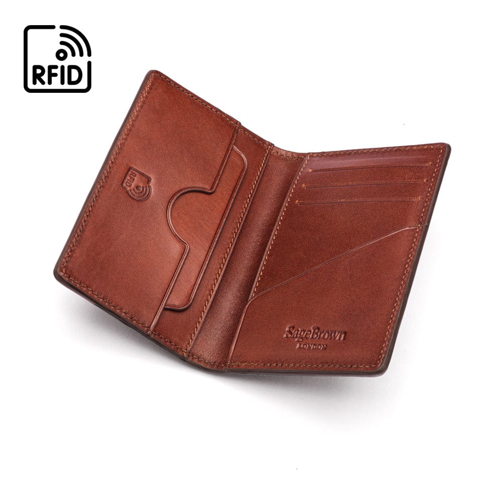 Leather card holder with RFID protection, dark tan, inside