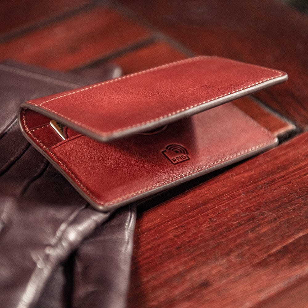 RFID compact leather card wallet, dark tan, lifestyle