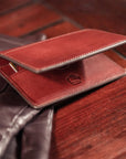 RFID compact leather card wallet, dark tan, lifestyle