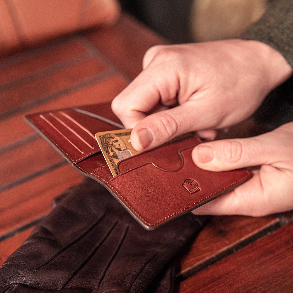 RFID compact leather card wallet, dark tan, lifestyle