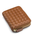 Small zip around woven leather accordion purse, dark tan, front