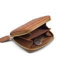 Small zip around woven leather accordion purse, dark tan, inside