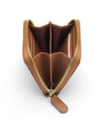 Small zip around woven leather accordion purse, dark tan, open