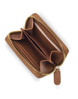Small zip around woven leather accordion purse, dark tan, interior