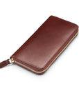 Tall leather zip around accordion purse, dark tan, front