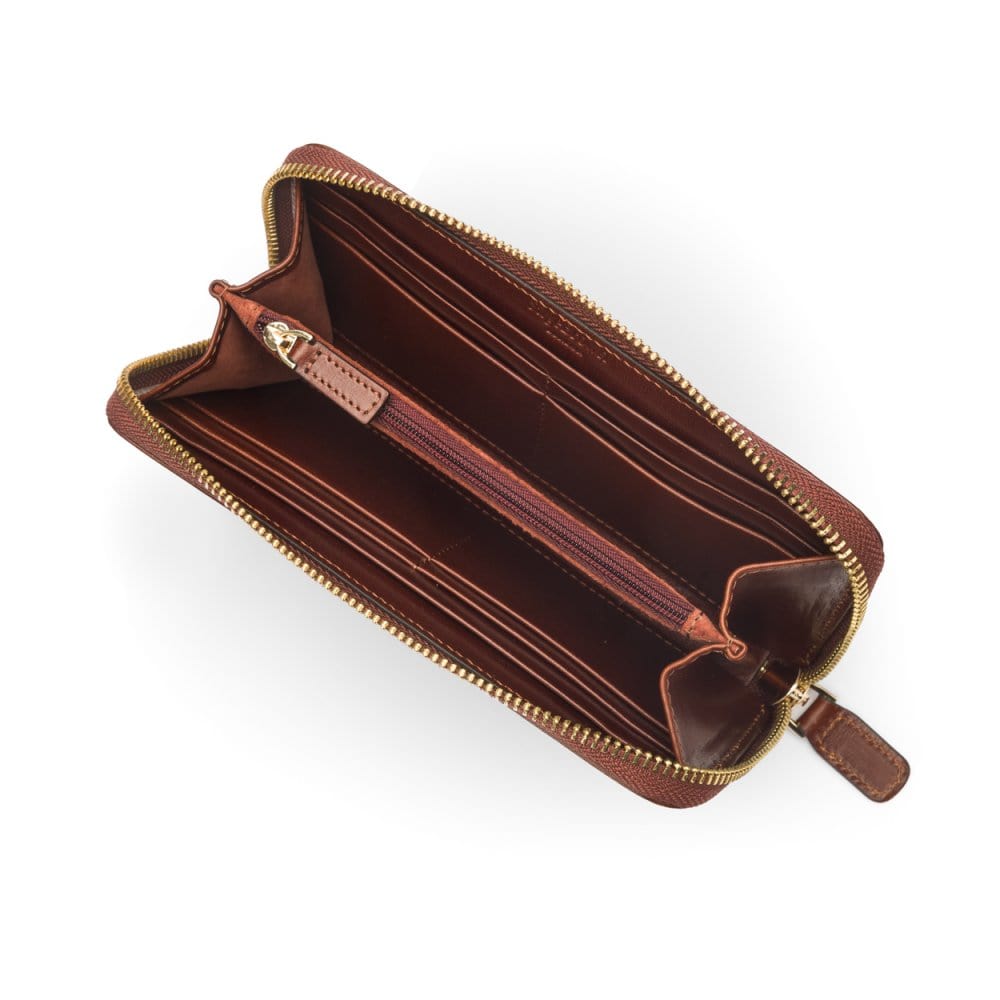 Tall leather zip around accordion purse, dark tan, inside