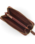 Tall leather zip around accordion purse, dark tan, inside