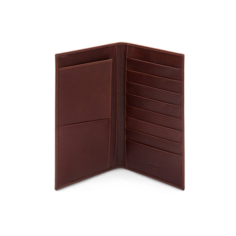 Slim tall leather suit wallet, dark tan, inside