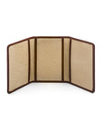 Leather tri-fold travel card holder, dark tan with cream, open