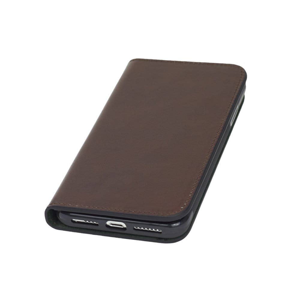iPhone XS Max wallet case, dark tan, front