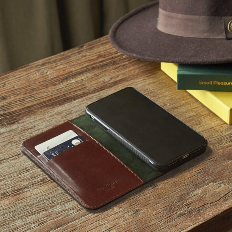iPhone XS Max wallet case, dark tan, lifestyle