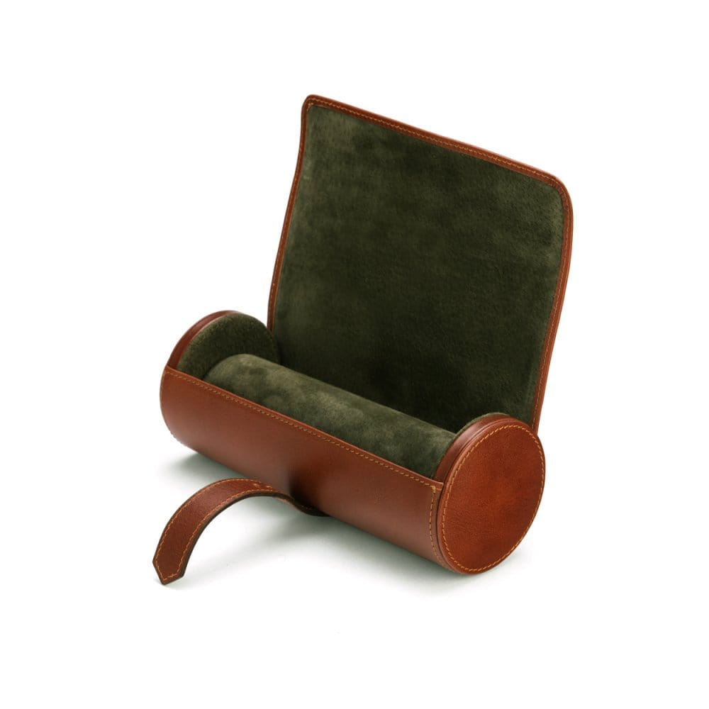 Large leather watch roll, dark tan, inside