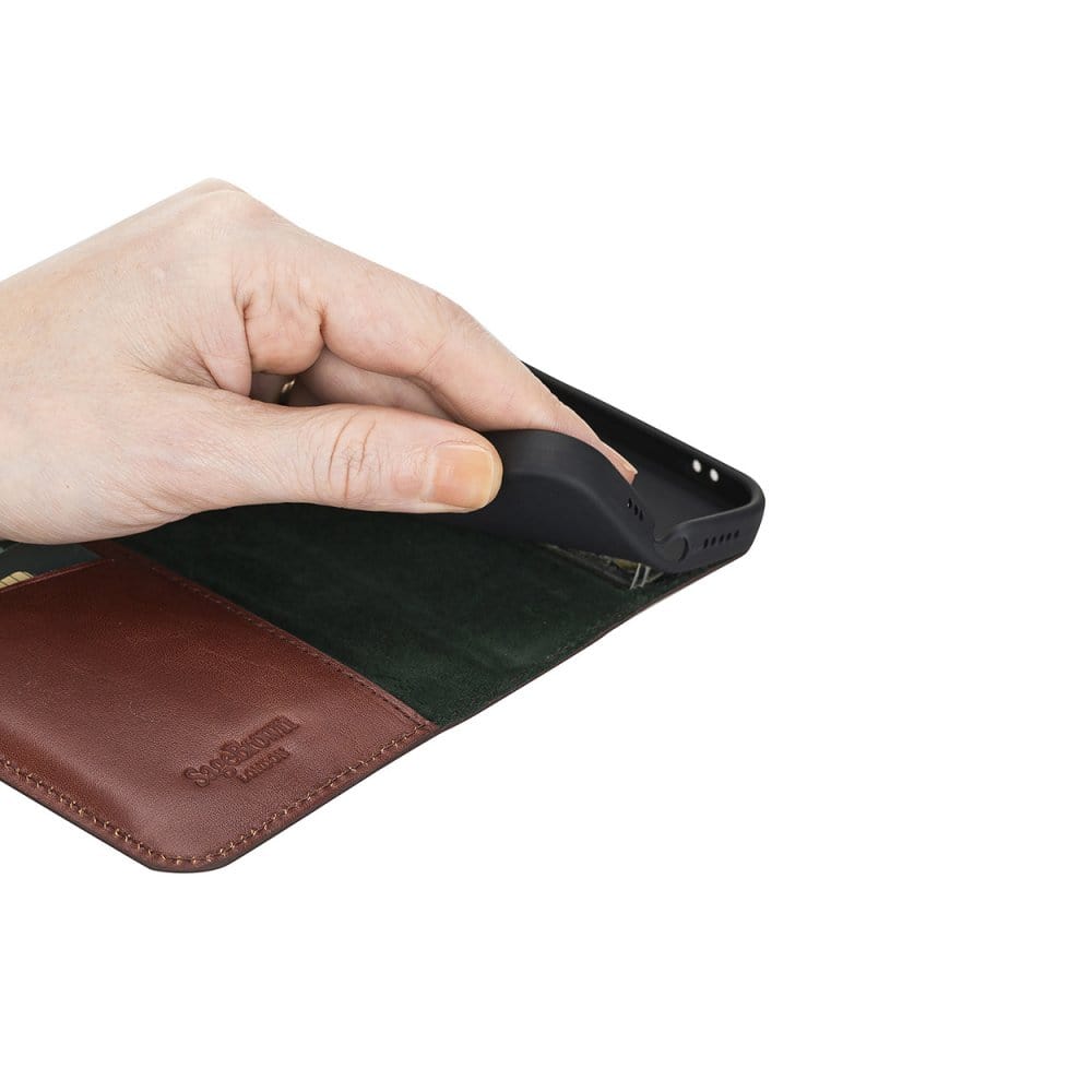 Dark Tan With Green Leather iPhone 12 Mini Wallet Case