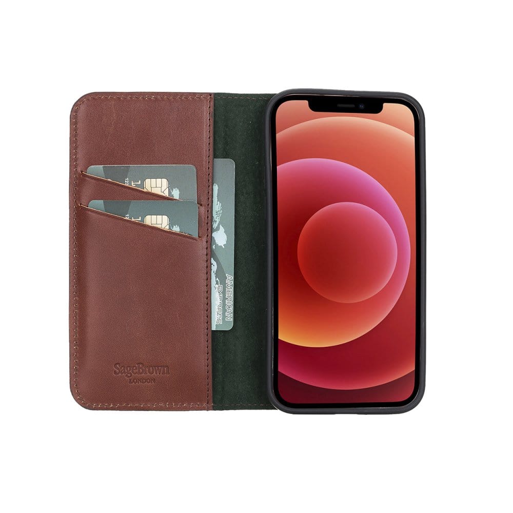 Dark Tan With Green Leather iPhone 12 Or 12 Pro Wallet Case