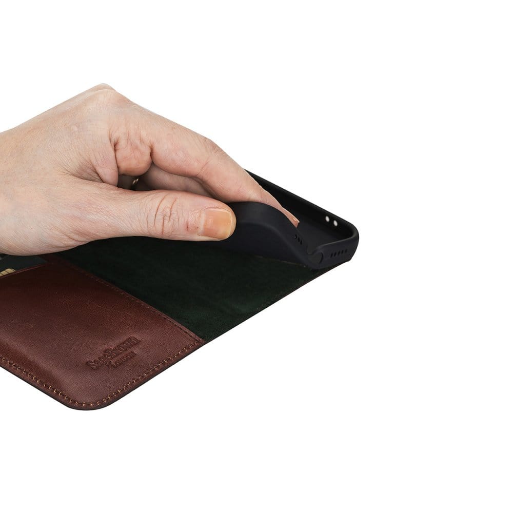 Dark Tan With Green Leather iPhone 12 Or 12 Pro Wallet Case