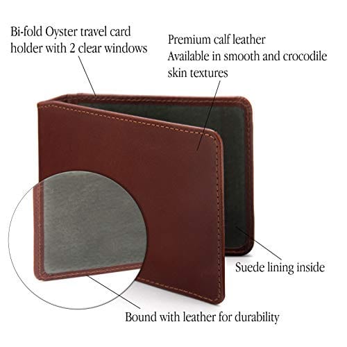 Leather Oyster card holder, dark tan with green, features