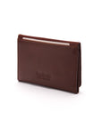 Leather tri-fold travel card holder, dark tan with green, back