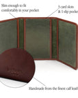 Leather tri-fold travel card holder, dark tan with green, features