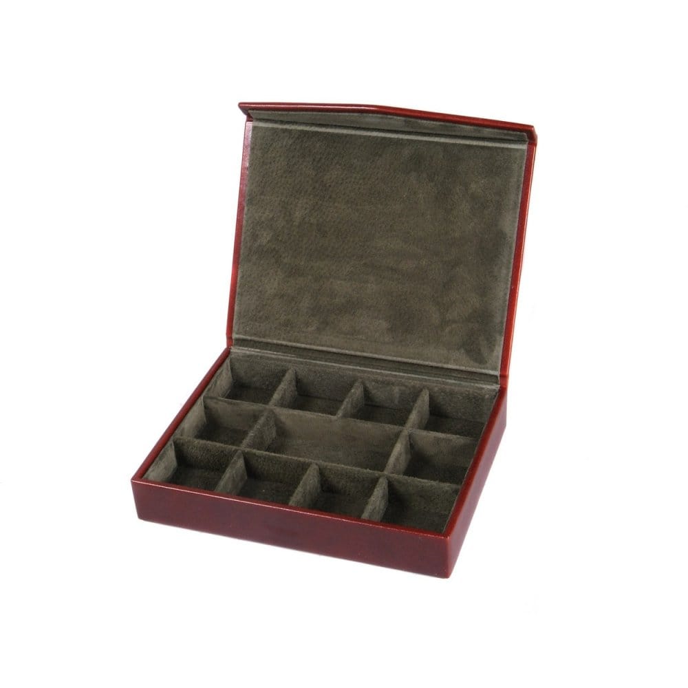 Dark Tan With Green Men's Large Leather Cufflink Box