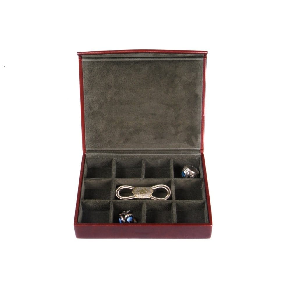 Dark Tan With Green Men's Large Leather Cufflink Box