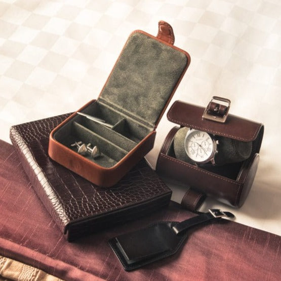 Small leather watch roll, dark tan, lifestyle