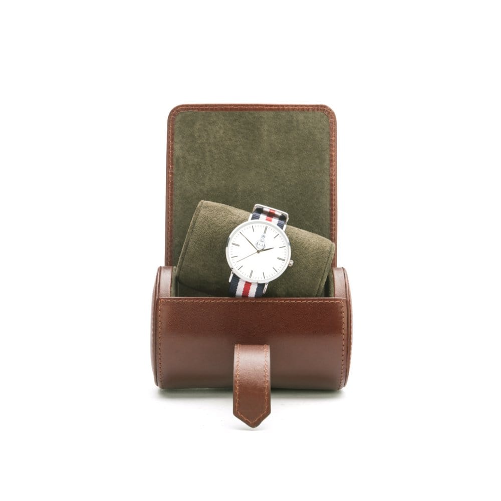 Small leather watch roll, dark tan, inside