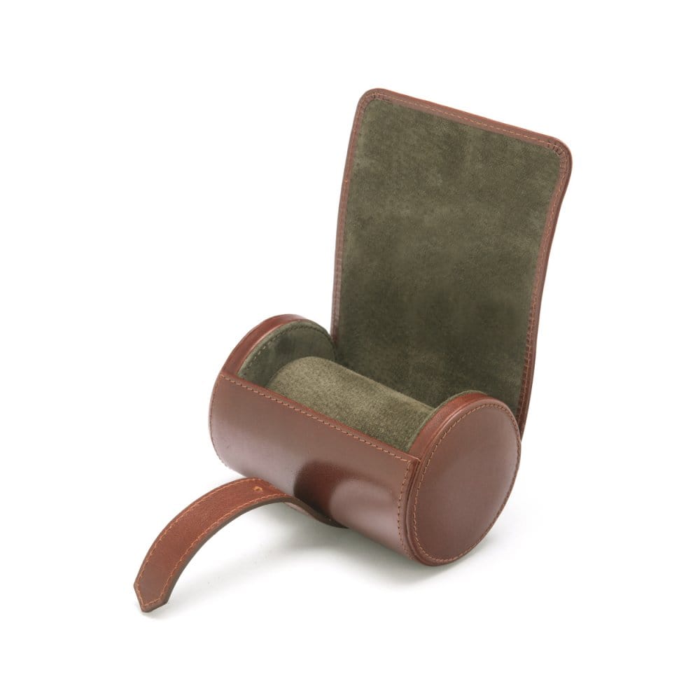 Small leather watch roll, dark tan , open