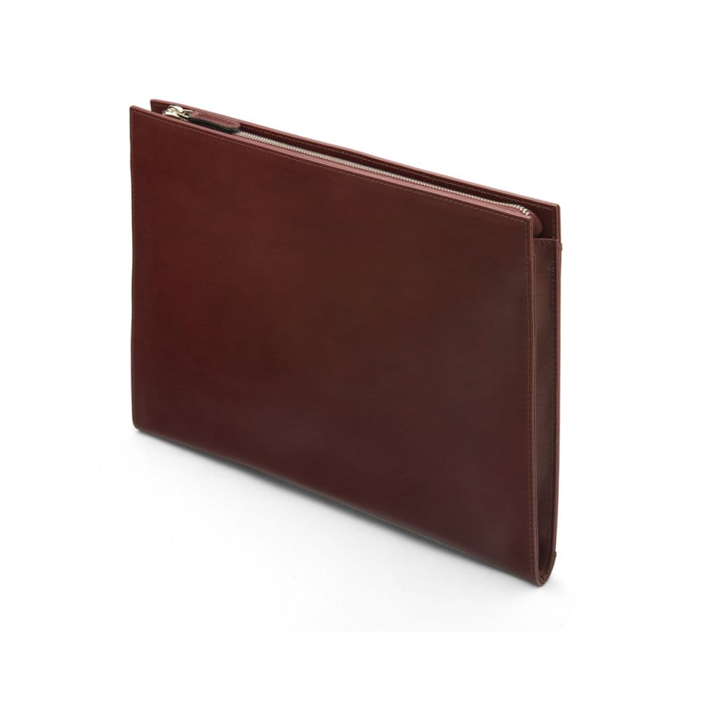 Zip top leather folder, dark tan, side view