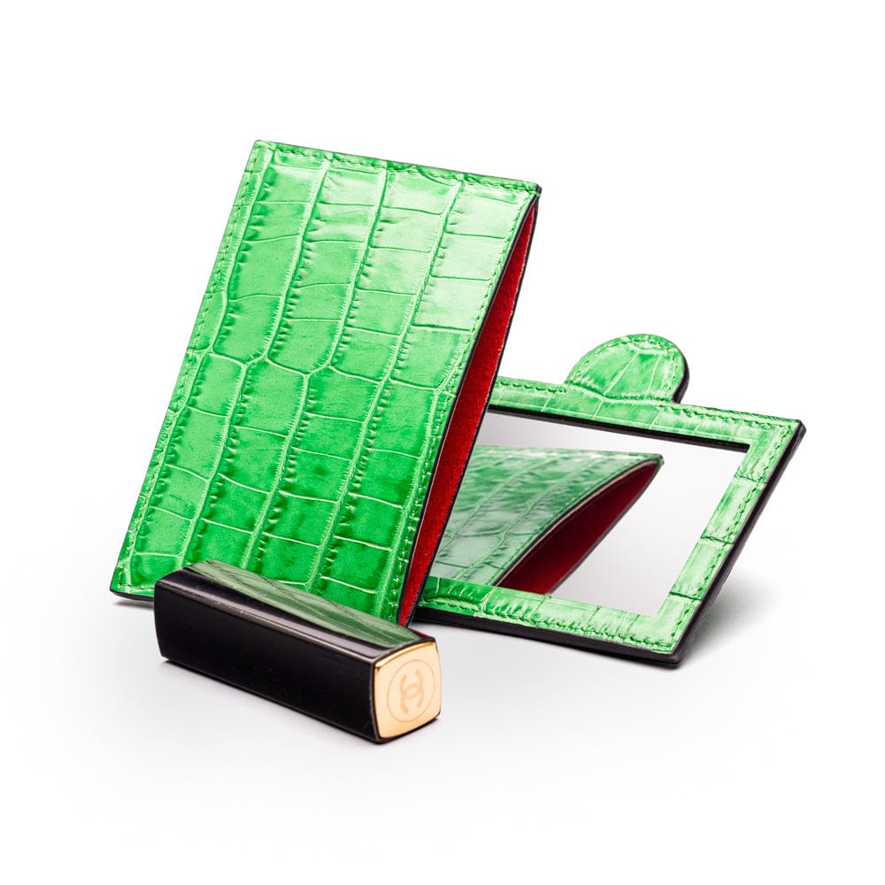 Compact leather mirror, emerald croc