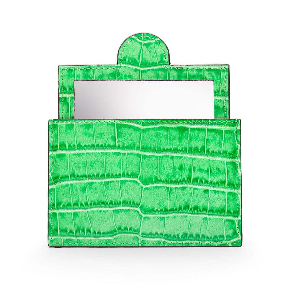 Compact leather mirror, emerald croc