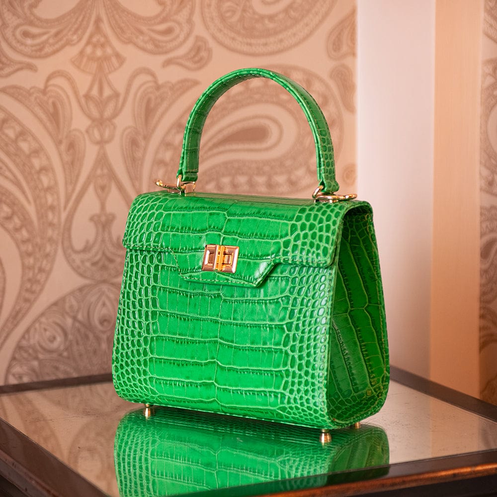 Mini Morgan Bag, Emerald Green Croc Top Handle Bag SageBrown