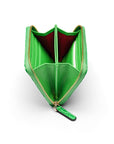 Small leather zip around accordion coin purse, emerald croc, inside view