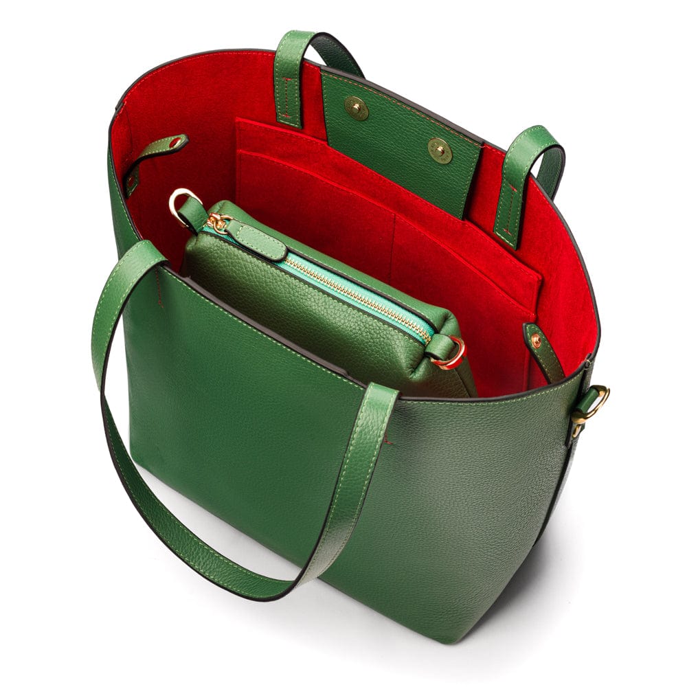 Leather tote bag, emerald, inside view