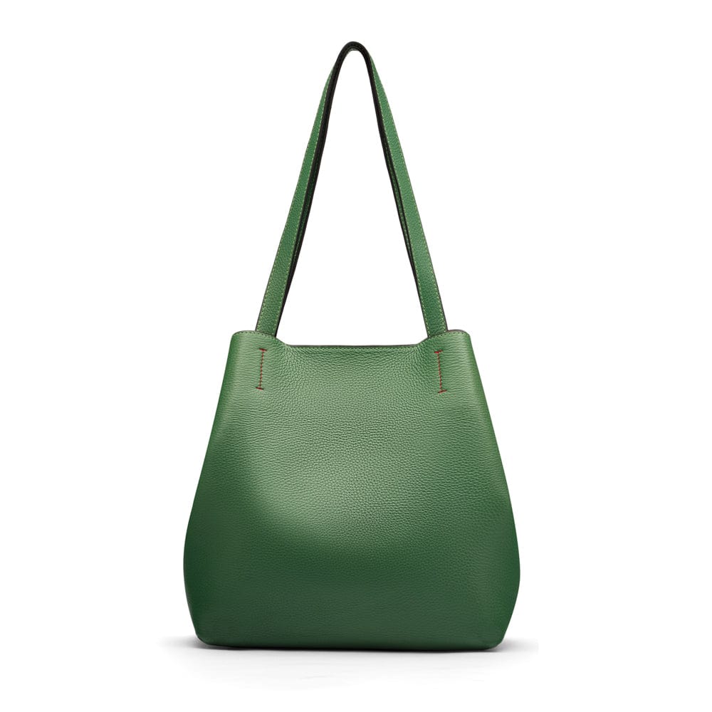 Leather tote bag, emerald, front view 2