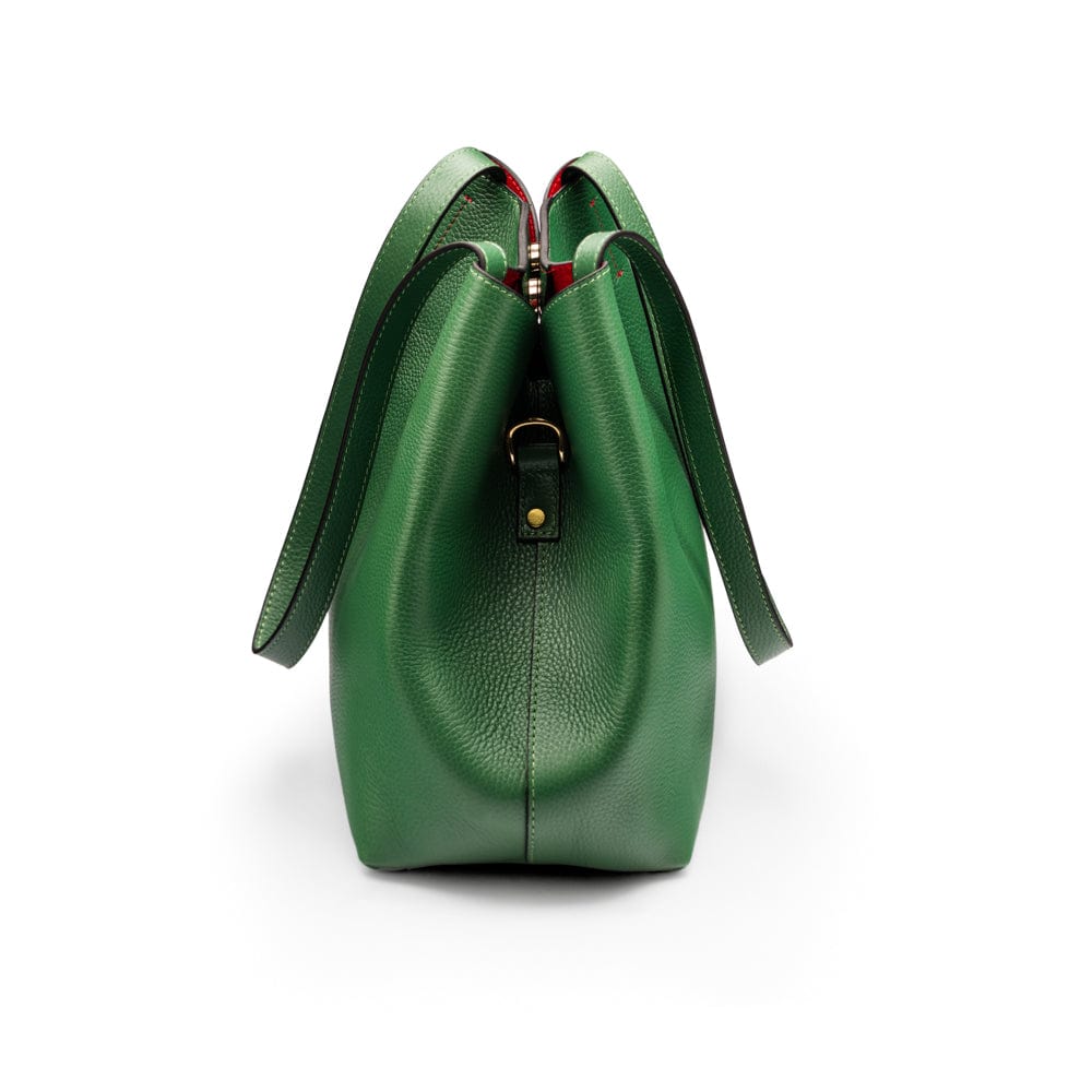 Leather tote bag, emerald, side view 2