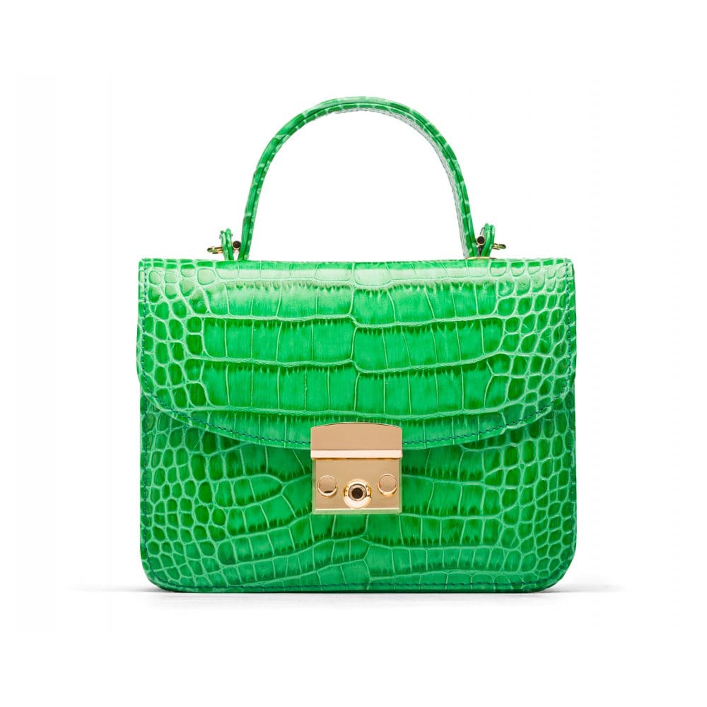 Small leather top handle bag, emerald croc, front