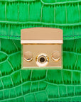 ESmall leather top handle bag, emerald croc, lock close up