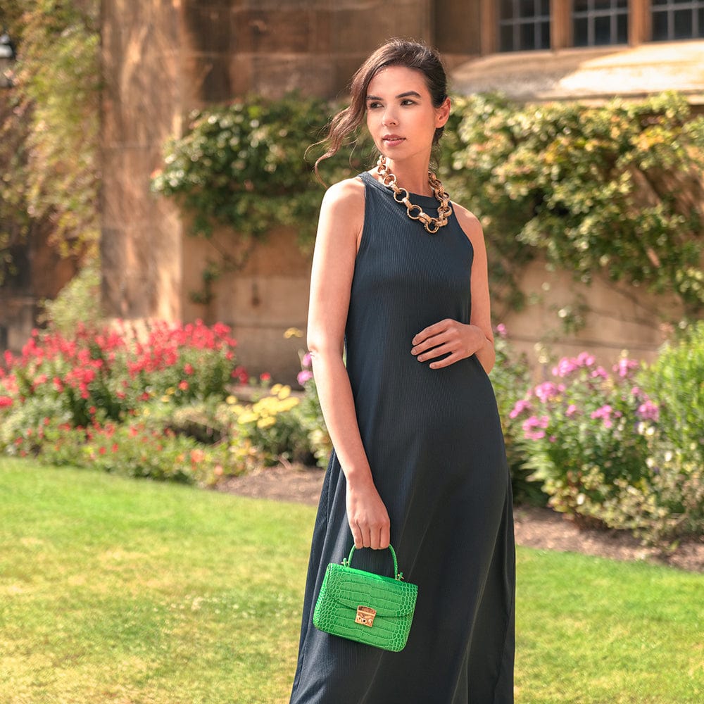 Mini top handle bag, Betty Bag, emerald green croc, lifestyle