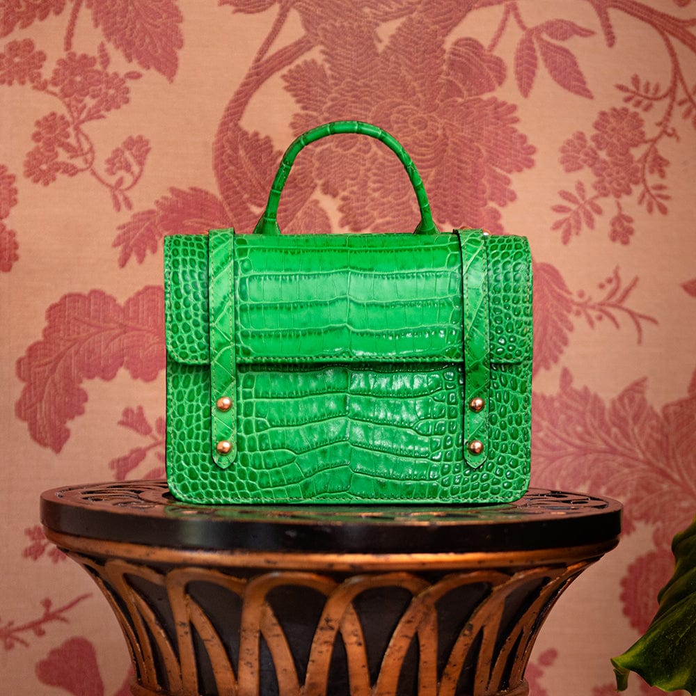 Mini Music Bag, Emerald Green Croc Top Handle Bag SageBrown